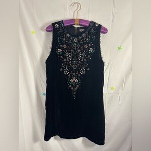 Black Velvet Beaded Jeweled Sleeveless Cut Out Back Mini Shift Dress Size L